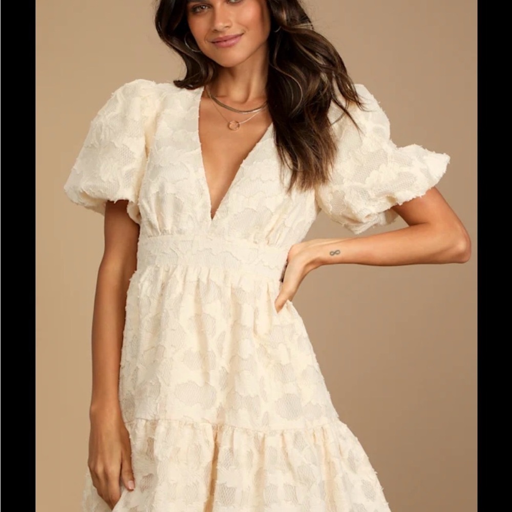 Lulus So Sweet To Me Cream Floral Puff Sleeve Mini Dress Women’s Size Medium